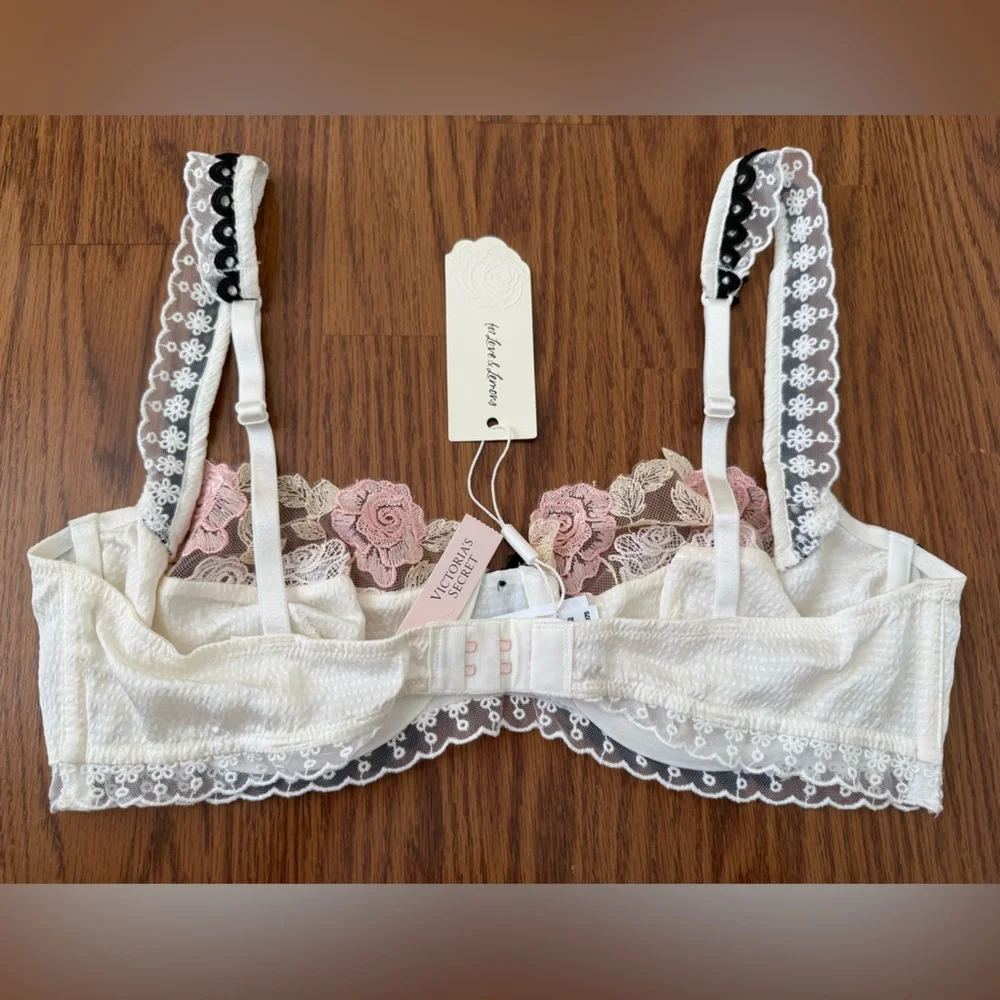 🌷 For Love and Lemons Evie Floral Underwire Bra in Cream Pink Florals Lace - 34D - Picture 4 of 15